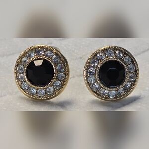 1928 Black Crystal Rhinestone Round Clip On Earrings